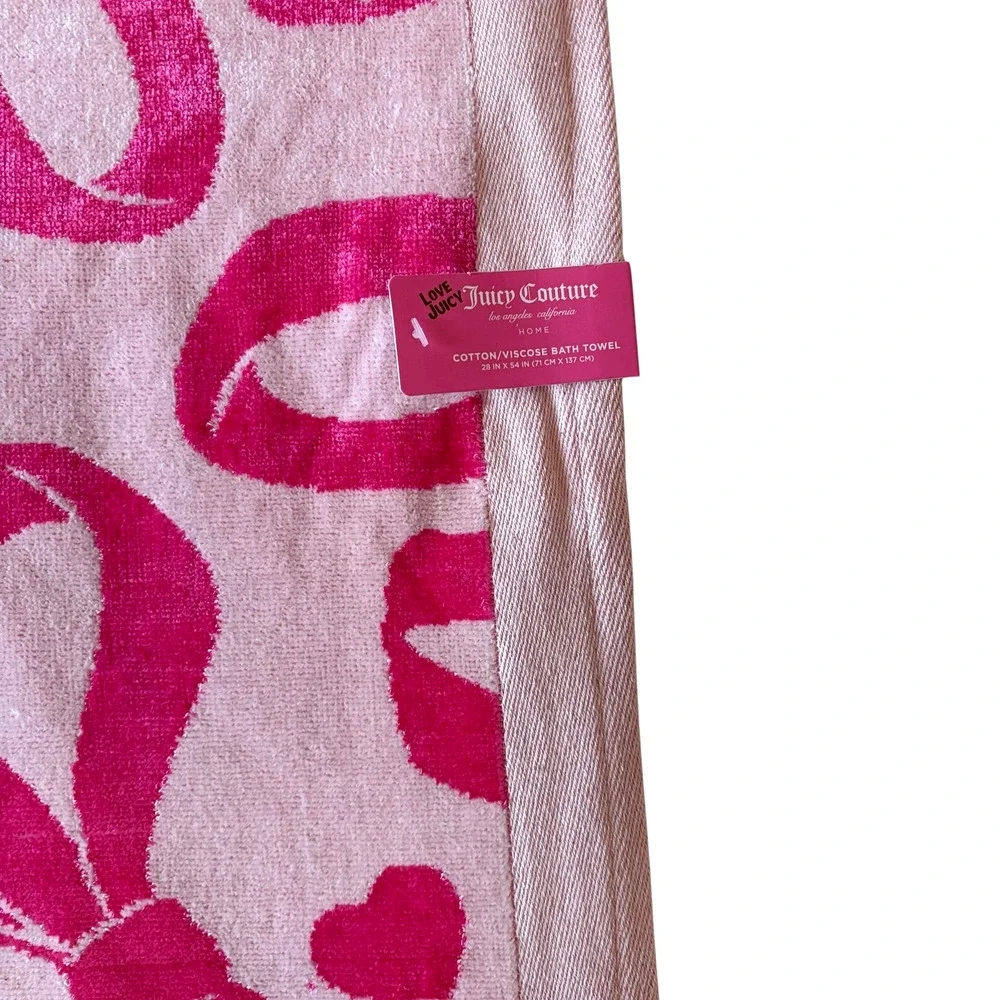 Juicy Couture Pink Bows Hearts Cotton Towel Set of 2 Coquette Bath 28x54 NEW